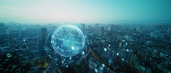 Visualize the digital transformation in a corporate setting, where a holographic globe of network connections