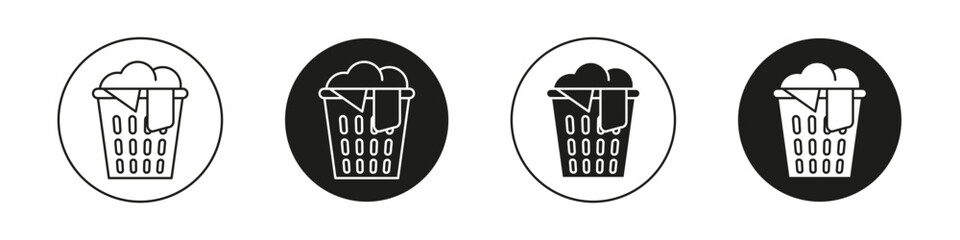 Laundry basket icon set. Dirty clothes washing vector symbol in a black filled and outlined style. Pile of laundry wash sign.