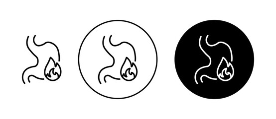 Heartburn icon set. Acid reflux discomfort vector symbol in a black filled and outlined style. Gastric pain sign.