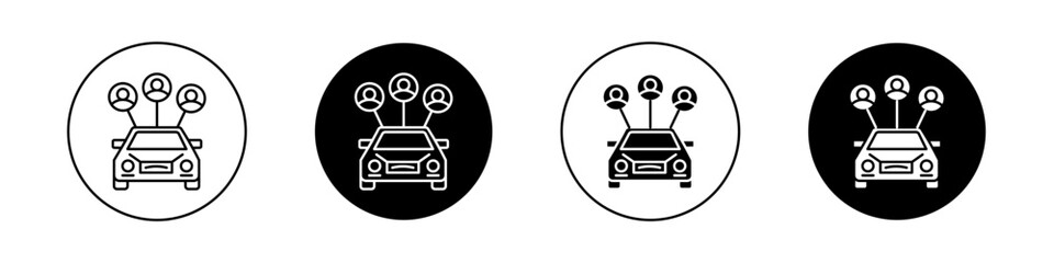 Carpool share icon set. Carsharing service vector symbol in a black filled and outlined style. Eco-friendly ride sharing travel sign.