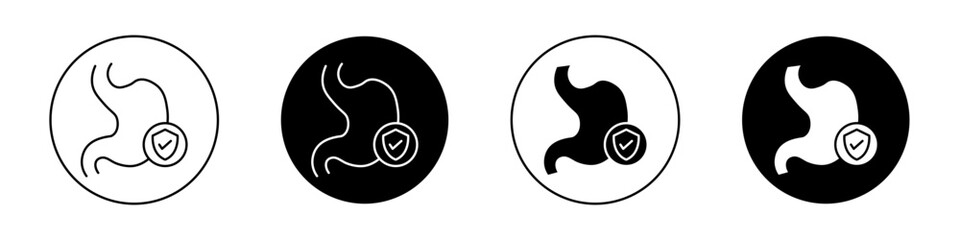 Stomach protection icon set. Digestive intestine and gut health vector symbol in a black filled and outlined style. Protected gastric care sign. - obrazy, fototapety, plakaty