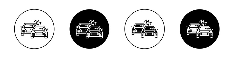 Car crash icon set. Vehicle collision aftermath vector symbol in a black filled and outlined style. Traffic accident sign.