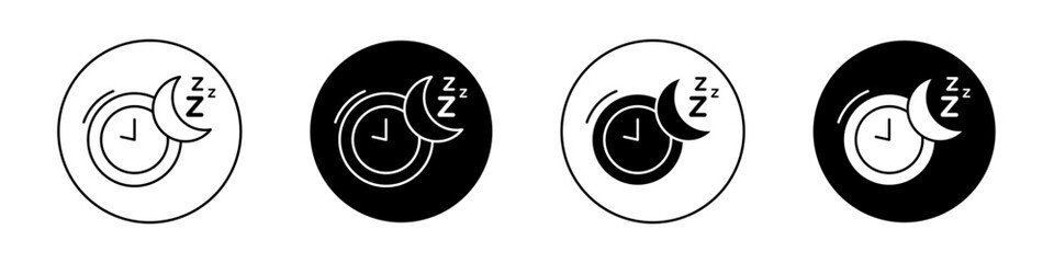 Sleeping time icon set. Late night clock hour shift routine vector symbol in a black filled and outlined style. Peaceful Moon rest night sign.