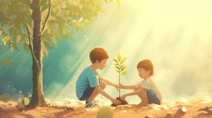 little boys planting tree, concept of world environment day planting forest, nature, and ecology for arbor day, environment world earth day background - AI Generated Abstract Art