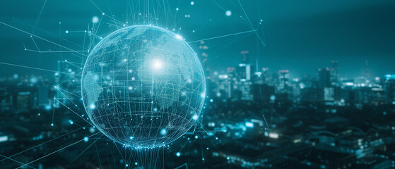Visualize the digital transformation in a corporate setting, where a holographic globe of network connections