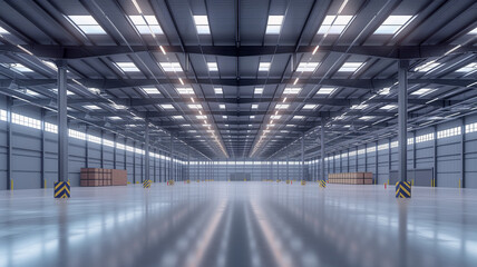 Warehouse full of shelves with goods in cartons, with pallets and forklifts. Logistics and transportation