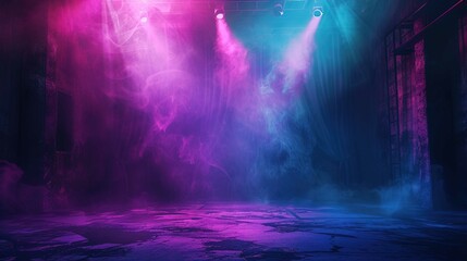 The dark stage shows, empty dark blue, purple, pink background, spotlights, neon light. The asphalt floor and studio room with smoke float up the interior texture for display products