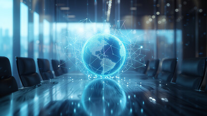 Holographic globe of network connections hovers above a sleek, modern conference table. Business professionals engage with the technology, planning global strategies.