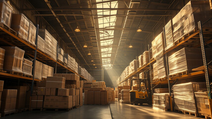 Fototapeta premium Warehouse full of shelves with goods in cartons, with pallets and forklifts. Logistics and transportation