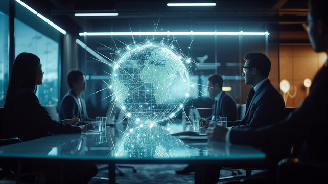 Holographic globe of network connections hovers above a sleek, modern conference table. Business professionals engage with the technology, planning global strategies.