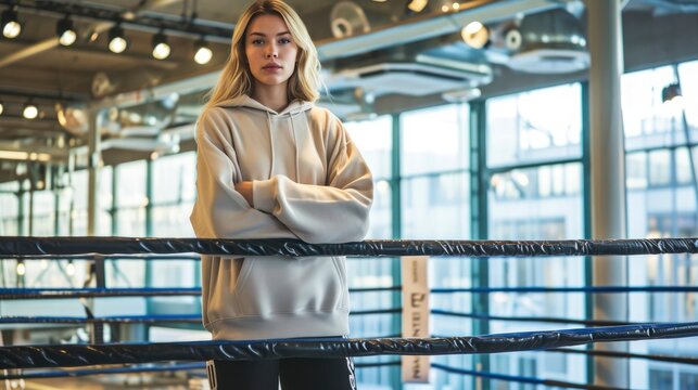A model standing in a boxing ring, her plain hoodie giving her a sporty look, mockup