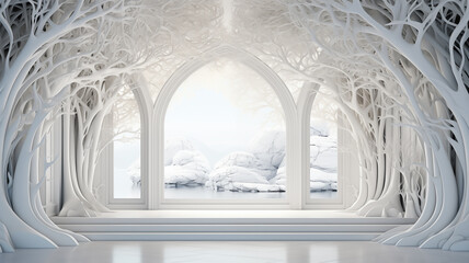 white room with arch and flowers in the wall and large window