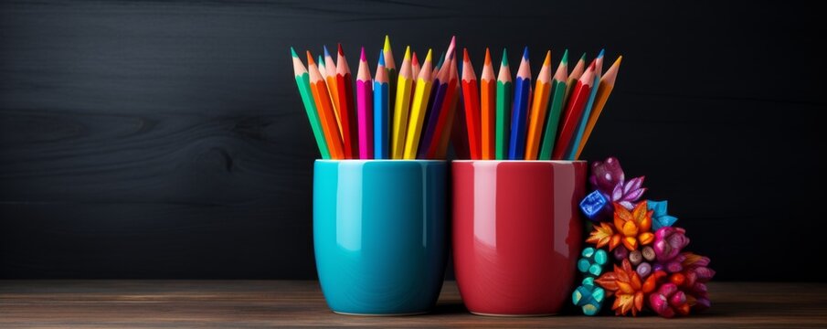 Colored crayons in a cup on a colored background. Generative AI.