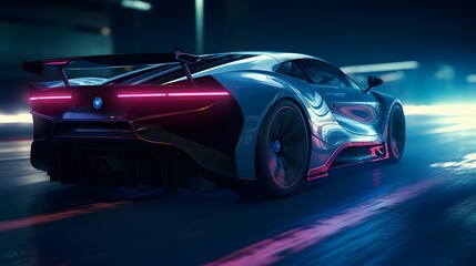 A sports supercar navigating a futuristic night highway