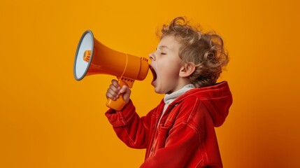 Child screams into megaphone, vibrant energy - obrazy, fototapety, plakaty