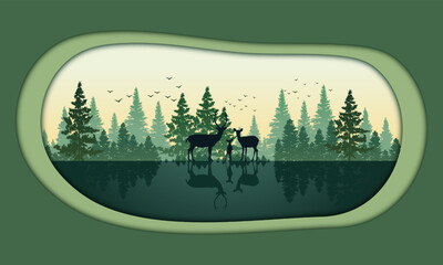 The deer animal silhouettes stand out against backdrop of towering pine trees, creating a sense of nature artistry, illustration paper art or cut style of an background.
