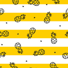 Seamless pattern with yellow stripes and black pineapples