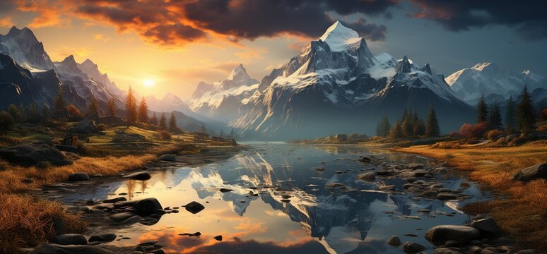 Sunset in the mountains with lake. Created with Ai