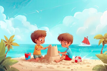 young boys building sand castle at the beach