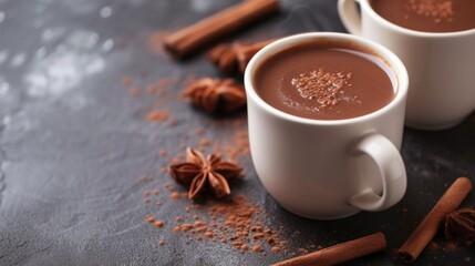 Obraz na płótnie Canvas Two mugs of rich cocoa with a dusting of cinnamon and star anise spices. Champurrado drink