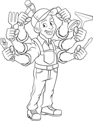 A handyman cartoon handy man caretaker construction worker or maintenance man multitasking caretaker concept.
