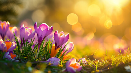 Blooming Joy: Colorful Crocuses on Sunny Spring Background - Nature Wallpaper