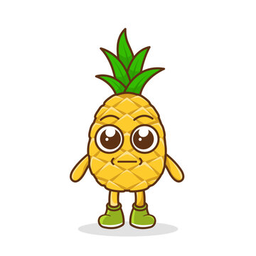 a picture of pineapple fruit with a flat expression. No words straight face pineapple fruit emoji. Vector flat design emoticon icon isolated on white background.
