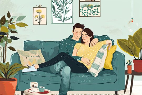 young couple are relaxing on sofa couple relax