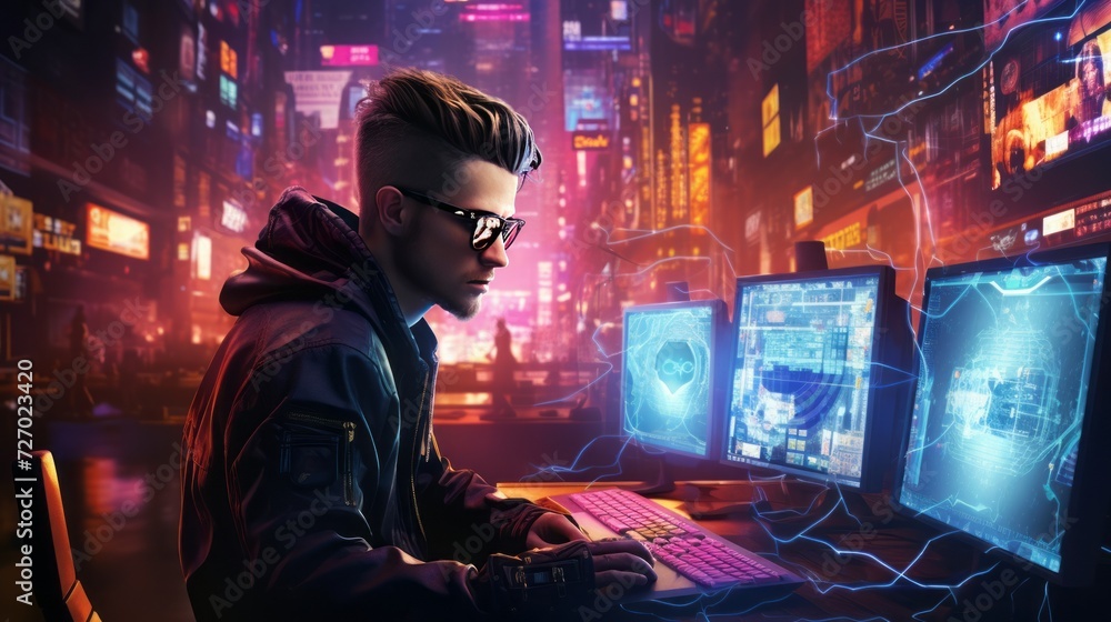 Poster futuristic cyberpunk hacker surrounded by holographic interfaces, code, and virtual reality elements