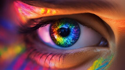 the eye of a young woman in the colors of the rainbow