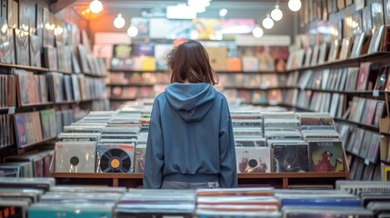 A woman in a denim blue hoodie, standing in a music record store, browsing through the records,  hoodie's mockup