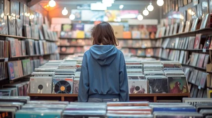 Papier Peint photo Lavable Magasin de musique A woman in a denim blue hoodie, standing in a music record store, browsing through the records,  hoodie's mockup