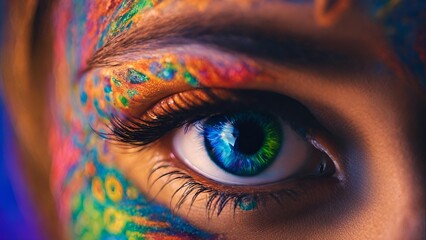 the eye of a young woman in the colors of the rainbow - obrazy, fototapety, plakaty