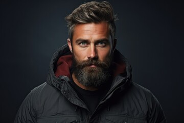 Obraz premium Close-up studio portrait of a charismatic gentleman with a mustache and beard, against a dark background, evoking a sense of mystery and sophistication. Convey timeless elegance and masculinity.