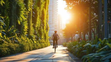 Person enjoying a leisurely riding a bicycle in the park. Sustainable living in different contexts, innovations in green architecture, eco-friendly transportation.