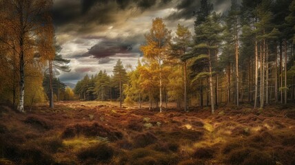 Forest in autumn, showcasing the vibrant colors of the foliage under a dynamic sky.