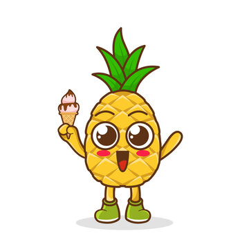 Cute Cartoon pineapple fruit character holding ice cream cone