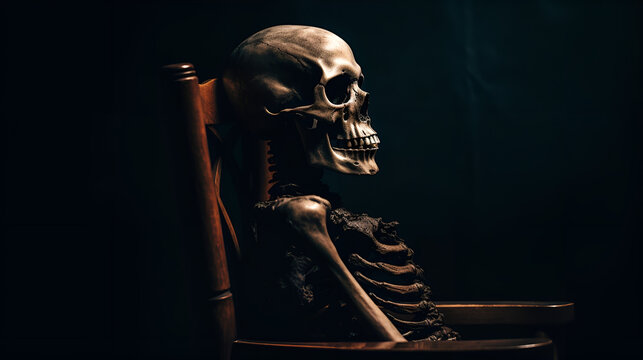 a skull sitting on a chair with a dark background