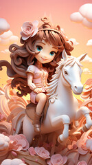 3D rendering cartoon image featuring a cute little angel girl joyfully riding a brown horse in the heavenly realms. Generative AI