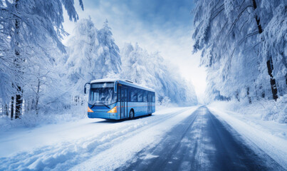 Fototapeta na wymiar Snow-covered icy road with bus, road safety in winter in difficult weather conditions