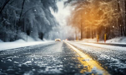 Fototapeta na wymiar Snow-covered icy road with cars, road safety in winter in difficult weather conditions