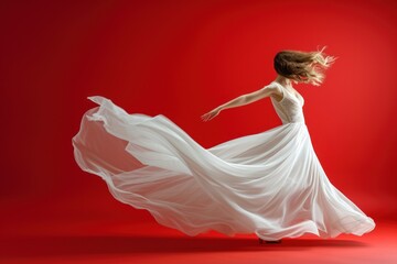 a dancer is jumping, flying folds of delicate fabric, airy dress floats on a red background