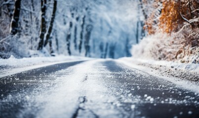 Snow-covered icy road among trees, road safety in winter in difficult weather conditions