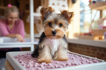 Yorkshire terrier on the table in a grooming salon after a haircut