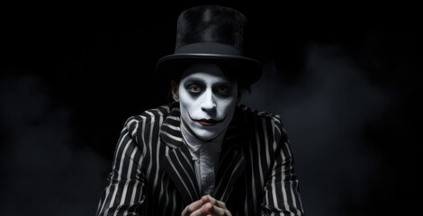 the mime, clown, in the style of dark and mysterious, striped, dark white and dark black, hatecore, in the style of emotive body language