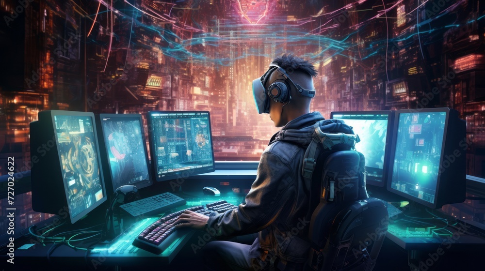 Poster futuristic cyberpunk hacker surrounded by holographic interfaces, code, and virtual reality elements
