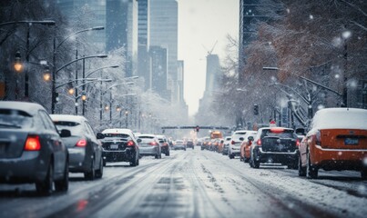 rush hour, city during heavy snowfall, snowstorm shackled streets, highways, hindering traffic, a lot of cars slowly go about their business, reduced visibility,  careful driving - obrazy, fototapety, plakaty