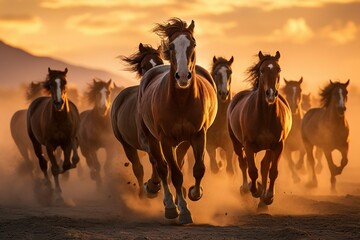 a herd of wild horses runs across the dusty prairie
​