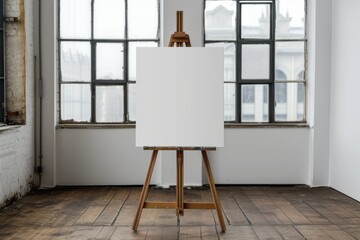 blank canvas on an easel in an atmospheric minimalist and clean artist's studio with paneled windows overlooking the city, template for announcement or advertising of art courses