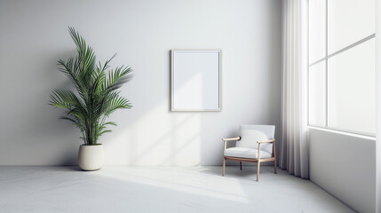 White sheet of paper in a white frame on a wooden background decorated with  green leaves